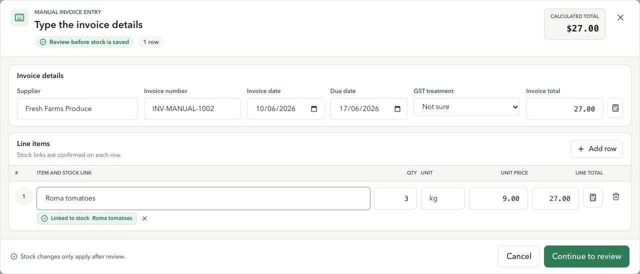 Remy manual invoice entry with Roma tomatoes successfully linked to stock and ready for review