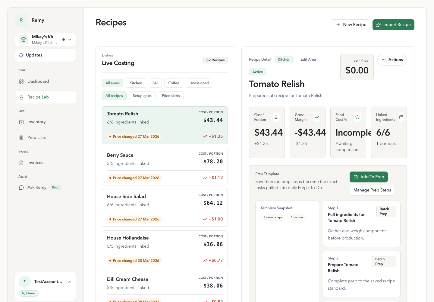 Remy Recipe Lab showing linked recipes, current costs per portion and supplier price-change impacts